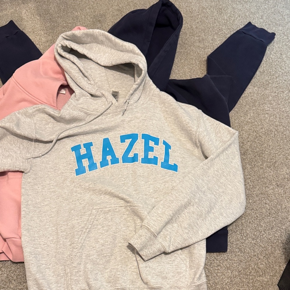 Hazel Gray Hoodie with Blue Lettering